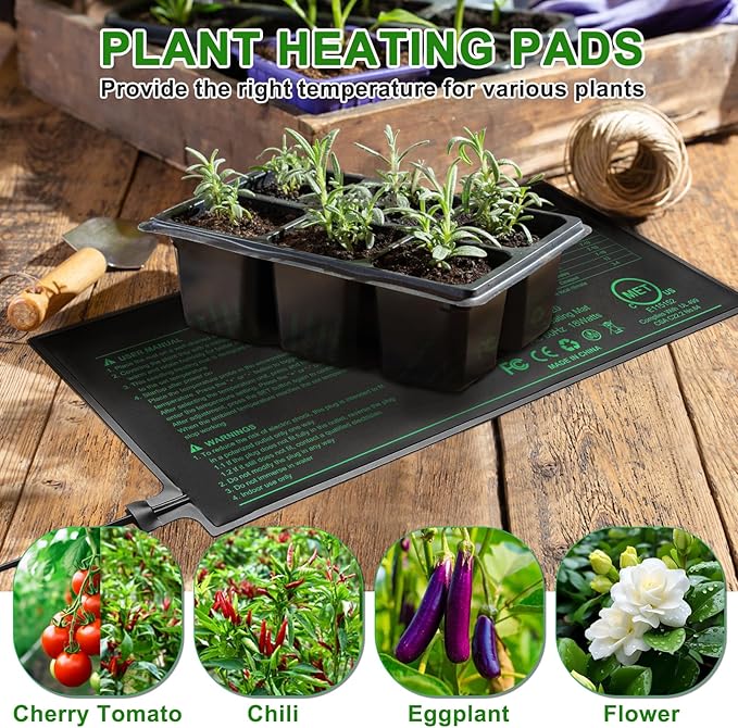Seedling Heat Mat with Built-in Temperature Controller (2 Pack), 10" x 20.75" Plant Heating Pad with Thermostat for Indoor Seed Starting Germination Hydroponics Waterproof