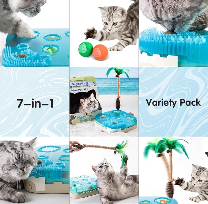 Migipaws Paw Palace Replacements,3 EVA Balls,1 Catnip Ball,2 Coconut Tree Teaser Pole Feather Accessories,Cat Ball Toys