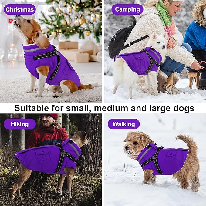 Dogcheer Dog Coat with Harness, Waterproof Dog Jacket Christmas Puppy Winter Coat with Pockets, Reflective Doggy Winter Jacket Soft Pet Snow Jacket for Small Medium Large Dogs - Purple, L