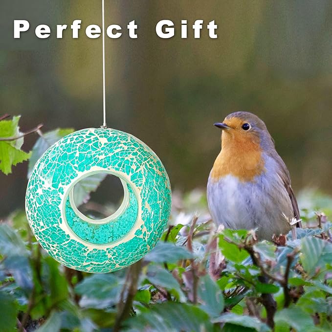 Bird Feeder Mosaic Fly Through Bird Feeder for Outside Hanging with Round Shape Glass Feeders to Attract Wild Birds for Garden, Deck, Yard, Backyard and Porch Decor, 6.8-Inch