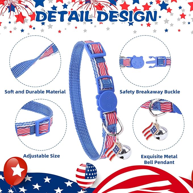 PUPTECK 3 Pack 4th of July Cat Collar with Bells Breakaway - Safety Small Kitten Collar Adjustable American Flag for Independence Day Blue, 8-12 in