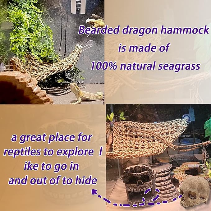 Bearded Dragon Skull Hide Decor,Reptile Natural Seagrass Hammock Lizard Lounger Reptiles Tank Accessories Jungle Climber Bendable Vine Habitat Decorations for Chameleon Spider Snakes(4Pcs)