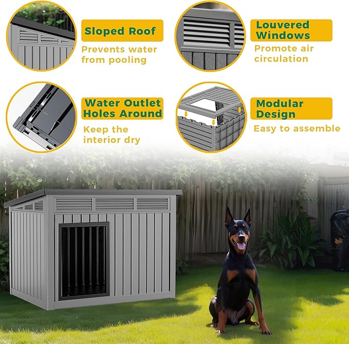 ROJIK Dog House Outdoor Indoor Weatherproof with Removable Roof Raised Base Plate,Pet House Weatherproof for Small Medium Dogs,Easy to Clean and Lightweight(32.2 * 25.12 * 24.13inch,Grey)