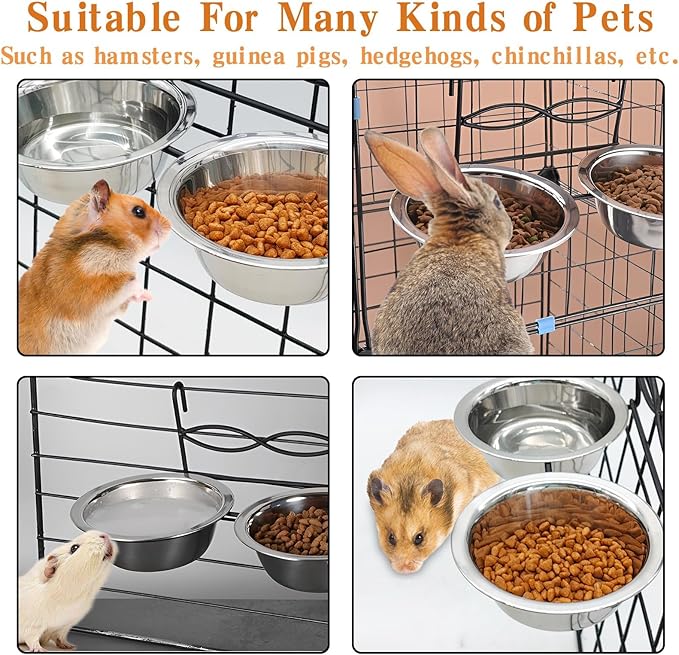 kathson Hanging Bird Bowls for Cage, 2 PCS Stainless Steel Metal Pet Food Water Dishes with Holder Feeder Cage Coop Hook Feeder Cups for Birds, Parrots, Small Sized Dogs and Cats(5.1 Inch Dia)