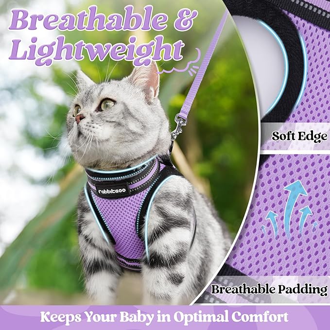 rabbitgoo Cat Harness and Leash Set for Walking Escape Proof, Adjustable Soft Kittens Vest with Reflective Strip for Cats, Comfortable Outdoor Vest, Light Purple, XL