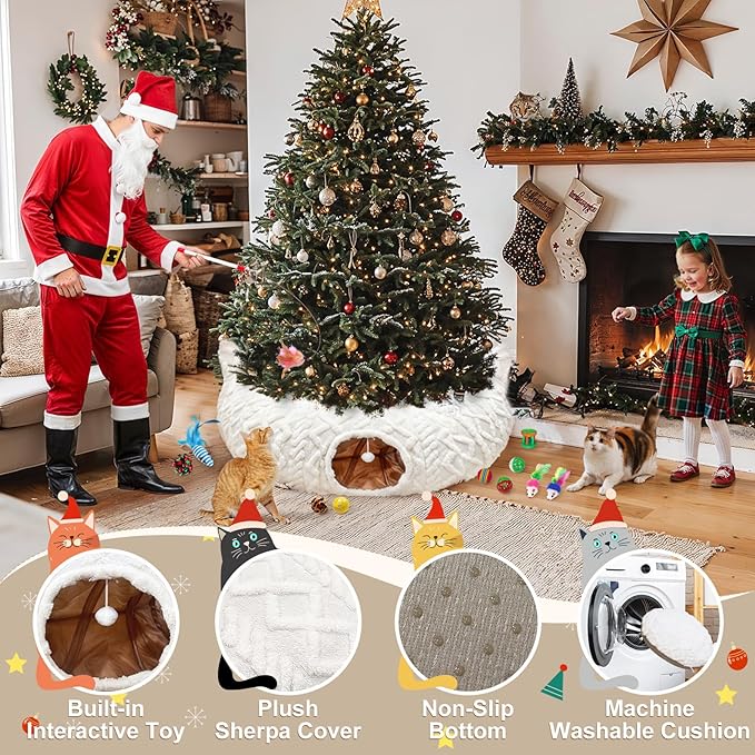 OurWarm Christmas Cat Tunnel Tree Skirt, Soft Plush Cat Donut Tunnel Bed with Washable Mat & 11 Pcs Interactive Toys, Peekaboo Cat Cave Under Christmas Tree for Indoor Cats Small Animals