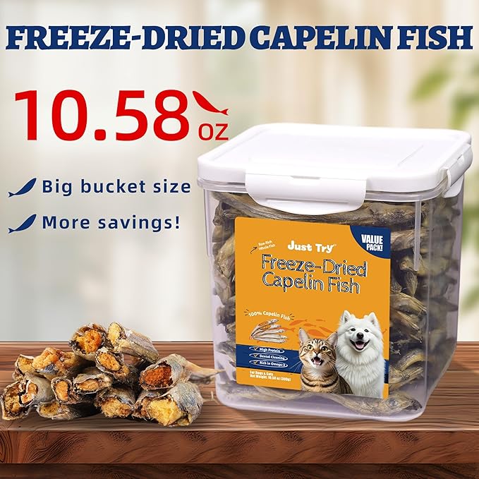Just Try 10.58 oz Freeze Dried Cat & Dog Treats Raw Dried Capelin Fish Single Ingredient High Protein Training Treats Pet Snacks Omega 3 for Skin Coat Health