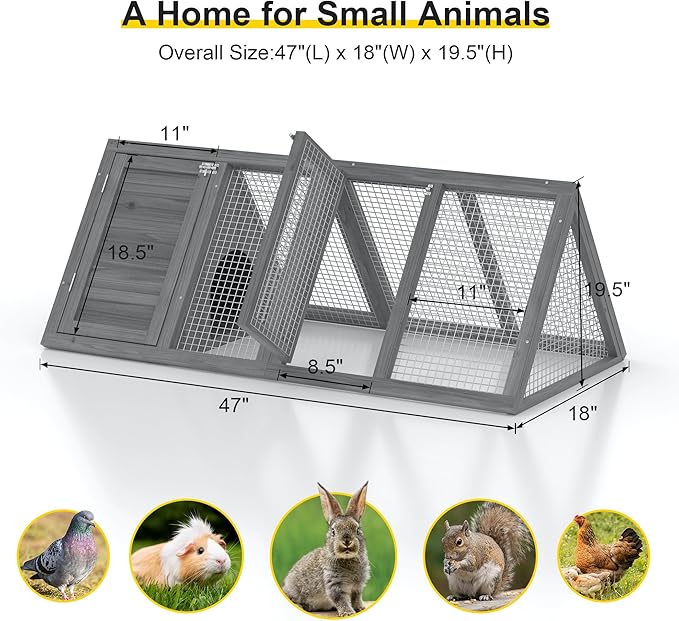 Rabbit Hutch, Small Chicken Coop Outdoor A-Frame Quail Cage with 2 Door & Run Cage Wooden Triangle Quail Hutch with Ventilating Wire Poultry Hutch for Small Animal (Gray)