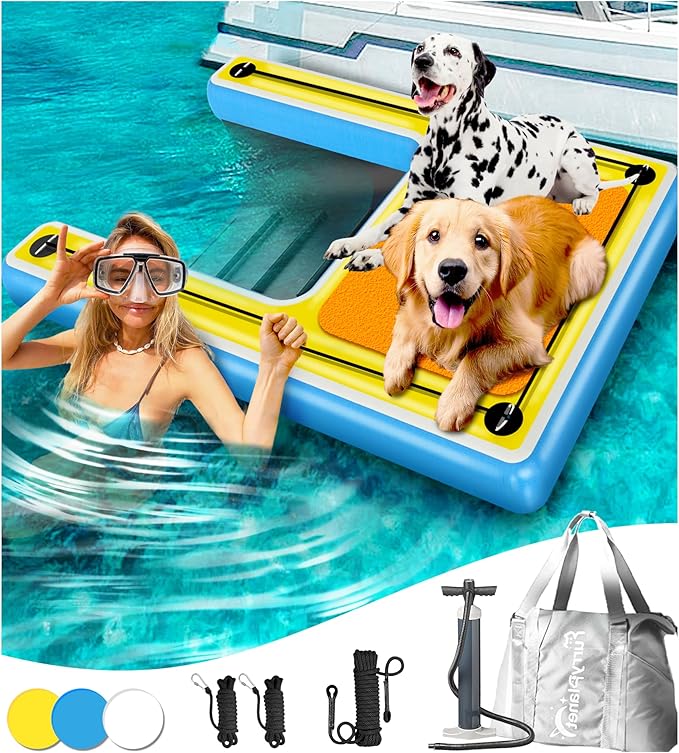 Inflatable Dog Pool Water Ramp โ 60"x40" Extra Large Boat Ramp for Dogs Up to 240 lbs, Non-Slip Puncture-Resistant Floating Dock Platform, Water Ladder for Lakes, Pools, Boats & Oceans