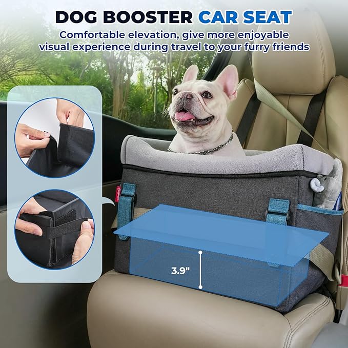 BurgeonNest Dog Booster Car Seat for Small Dogs, Washable Anti-Collapse Pet Bed for Car Front Back Seat, Cat Puppy Travel Carseats Up to 25lbs, Clip-On Safety Leash and Booster Fluffy Pad, Grey