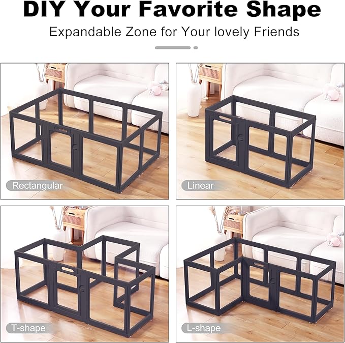 Clear Acrylic Dog Playpen Indoor, Puppy Cat Small Pet Play Pen, Pet Cat Foldable Playpen for Rabbits, Dog Fence Crate Kennel Whelping Cage (Black, 12 Panel)