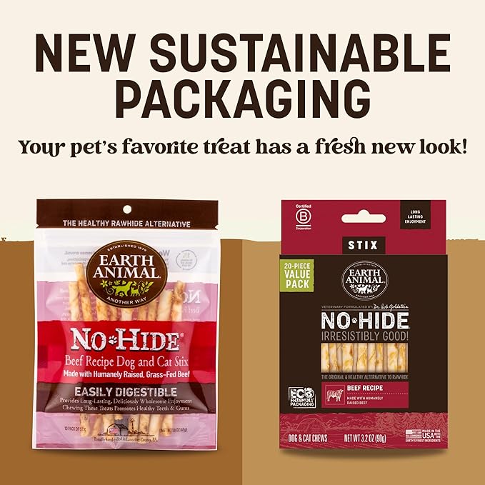 Earth Animal No-Hide Stix Beef Recipe Natural Rawhide Alternative Dog & Cat Chews - 40 Count Extra Value Pack