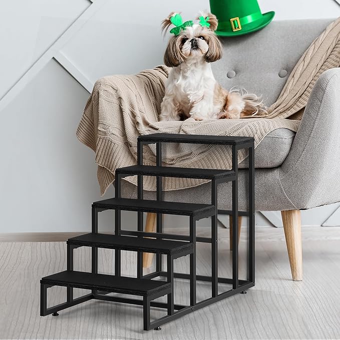 5 Steps Wooden Dog Stairs for Small & Large Dogs, High & Tall Beds - Black, Supports up to 100 lbs