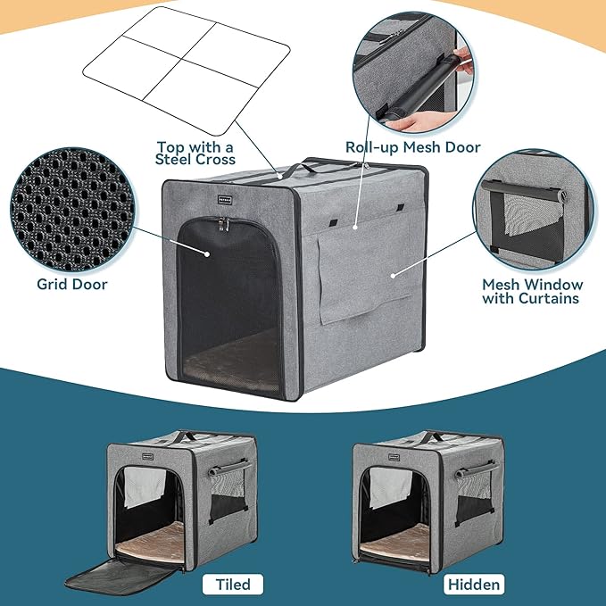 PETSFIT Travel Dog Crate, Soft Sided Dog Crate - 24 Inch with Thicken Mat, Easy to Fold, Sturdy and Portable, Perfect for Traveling, Portable Dog Kennel Grey