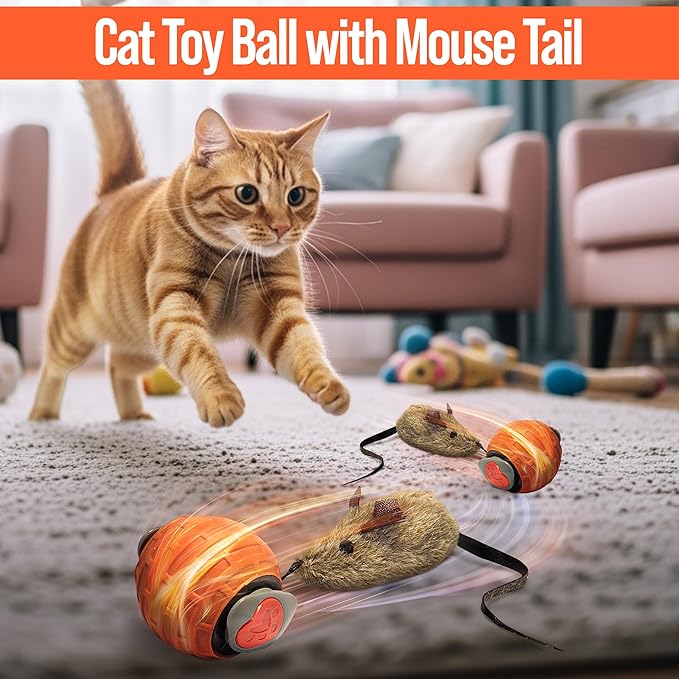 Motion Activated Self-Moving Cat Toys Ball – GlobalSun Speedy Tail 2.0 Automatic Rolling Cat Toy with Mouse & Feather Tails, USB Rechargeable Interactive Cat Toy for Indoor Cats