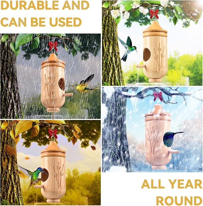 Hummingbird House, Solid Wood Hummingbird Houses for Outside-Exquisitely Handcrafted Birdhouse with Bow and Jute String Hanging Kit, Durable Garden Decor, Perfect Gardening Gift (Style-B, 1 Pack)