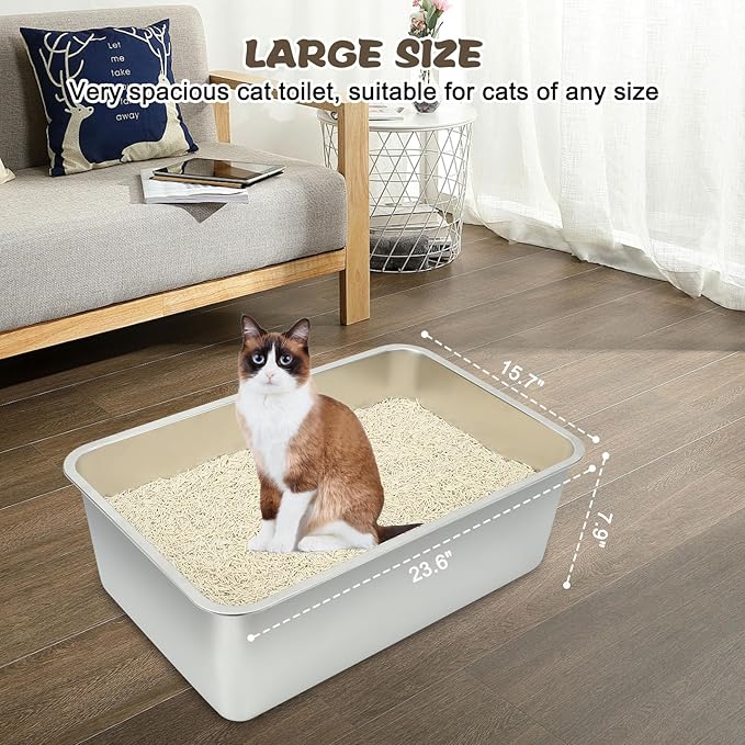 Rypet 2Packs Stainless Steel Litter Box Metal Litter Box for Cats High Back Litter Boxes Non-Stick Cat Poop Box๏ผEasy to Clean(23.6"*15.8"*7.9")