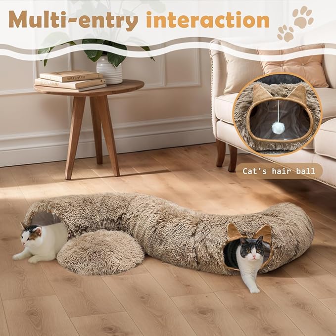 Cat Tunnel Bed for Indoor Cats, Soft Plush Donut Peekaboo Cat Cave, Multifunctional Playground Toy for Small Medium Large Cats, Kittens, Rabbits, Ferrets, with Washable Cushion (Brown)