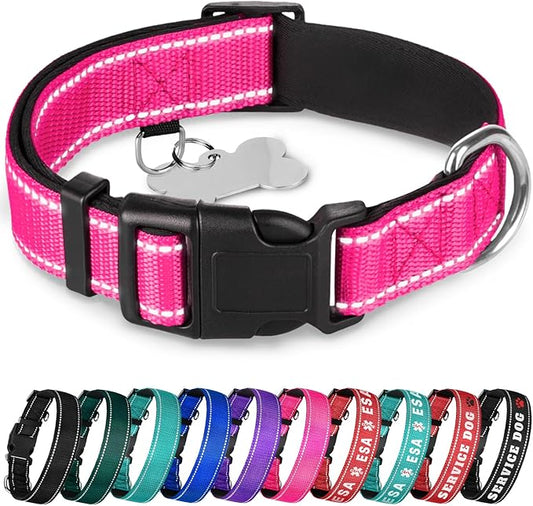 TECEUM Reflective Dog Collar – Hot Pink – XL – Extra Soft Padding – Basic Nylon Pet Collar – Quick Release Buckle – Fits Small, Medium and Large Dogs, Puppies, Cats – ESA & Service Dog Options