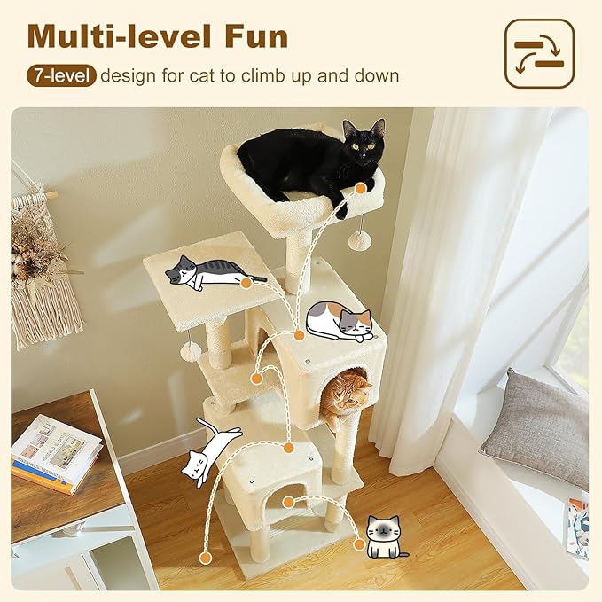 PAWZ Road Cat Tree Tower 62 Inches Cat Tree with 2 Condos,2 Large Perch,4 Scratching Posts & 1 Scratching Board, and 2 Hanging Balls for Indoor Cats-Beige