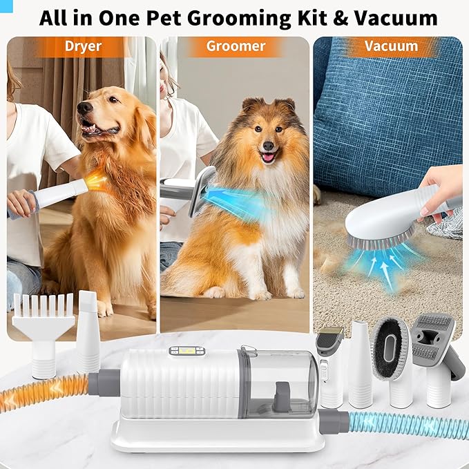 Dog Grooming Vacuum & Hair Dryer Dog Blower for Shedding Grooming, 6 in 1 Pet Grooming Vacuum for Dogs Cats at Home with Pet Clippers and 4 Combs, 9 Adjustable Speed and Temperature Control