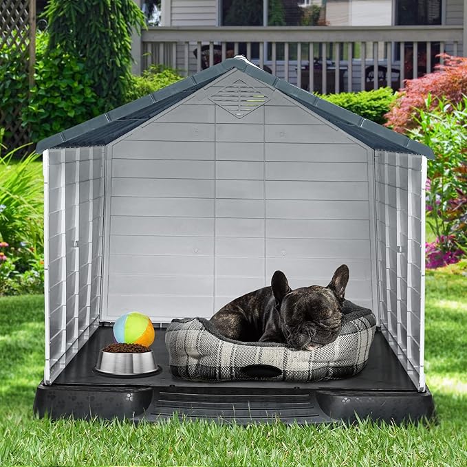 YITAHOME Large Plastic Dog House Outdoor Indoor Doghouse Puppy Shelter Water Resistant Easy Assembly Sturdy Dog Kennel with Air Vents and Elevated Floor