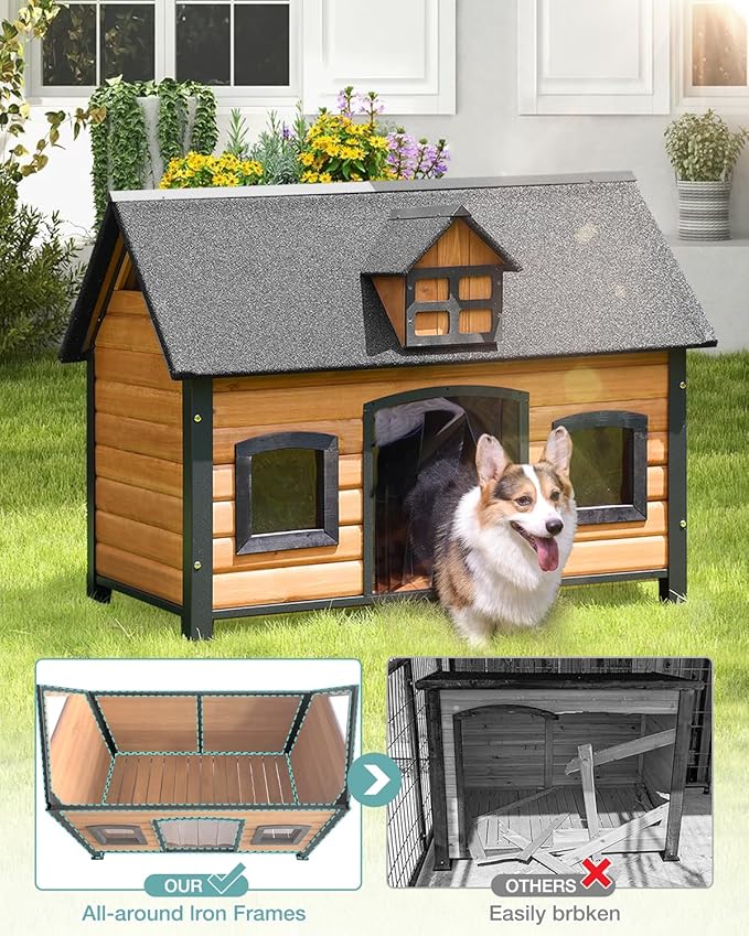 Outdoor Dog House with Iron Frame - Comfortable Shelter for Small to Large Dogs, Ideal for Indoor/Outdoor Use (Wood, L)