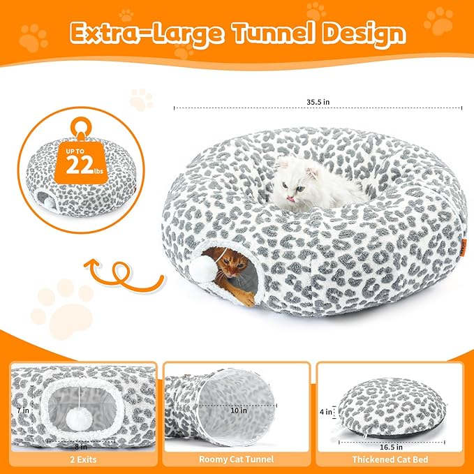 Cat Tunnel Bed 35.5 Inch XL Cat Donut Tunnels for Indoor Cats Cute Tubes Round Pet Play Tunnel Toy for Kitten Puppy Rabbit with Washable Circle Cushion Leopard Grey