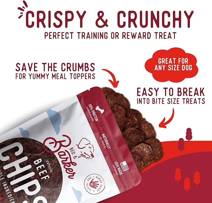 Beg & Barker Beef Chips for Dogs (8 Ounce, Pack of 1) - Single Ingredient Dog Treats Made for Large & Small Dogs Protein Human Grade Dog Treats Made from Real Meat Beef, Made in USA