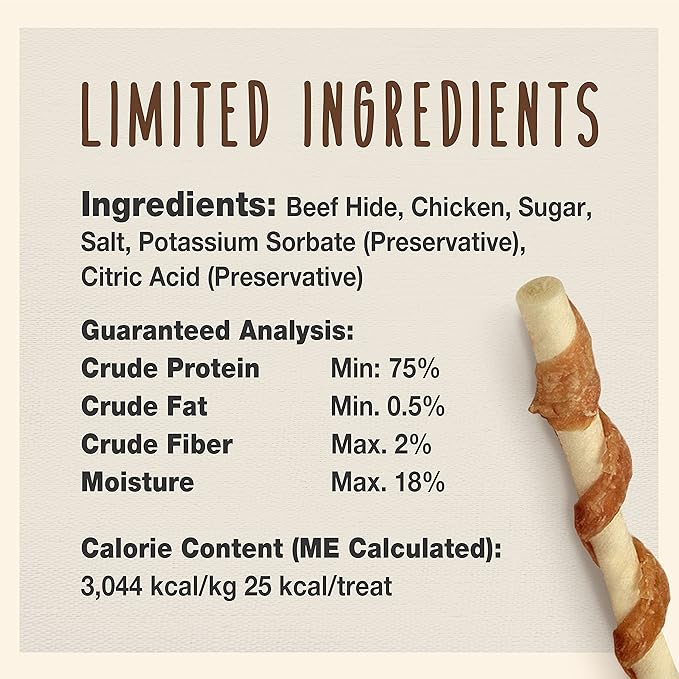 Cadet Gourmet 5-Inch Beef Hide Twist Chew Sticks, Long-Lasting and Natural Rawhide Chews for Dogs, Inspected & Tested in USA, Chicken Flavor, 50 Count