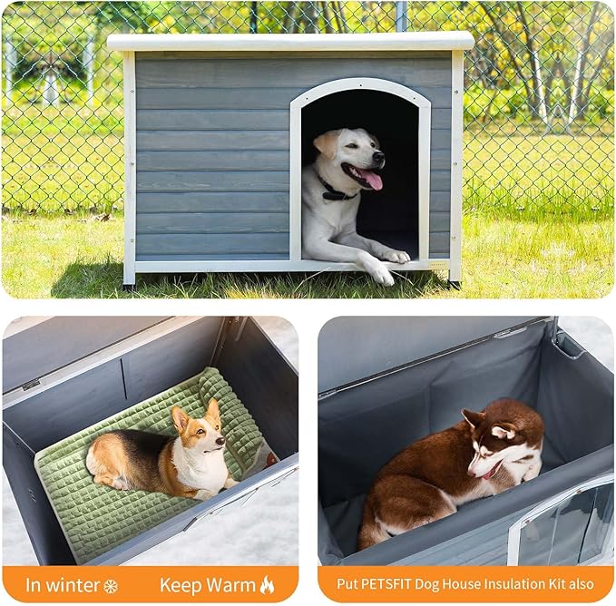 Petsfit Wooden Dog House Extreme Outback Log Cabin Weatherproof Outdoor Pet Kennel, Light Grey, Large/45.6" x 30.9" x 32.1"