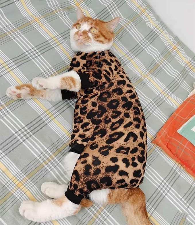 Sphynx Hairless Cat Four Leg Breathable Summer Spandex Pajamas Elastic Pet Clothes Cat Surgery Recovery Suit Vest Kitten T-Shirts Cats & Small Dogs Apparel (Leopard, M+ (7-8.6 lbs))