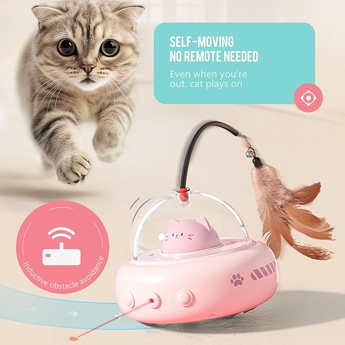 Li&Zhao Interactivity Cat Toy - Automatic Laser Feather Cat Toy, Rechargeable 2 in 1 Cat Electric Toy for Boring Indoor Adult Cats/Kittens(Pink)