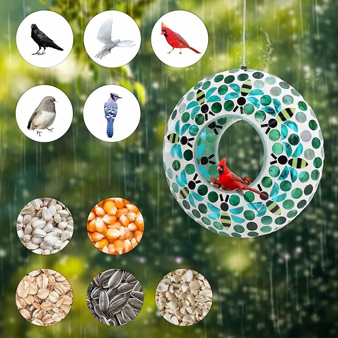Yinns Bird Feeder - Fly Through Hanging Glass Large Bird Feeders for Outdoors Circle Wild Bird Mosaic Feeders Seed Container 9 inch