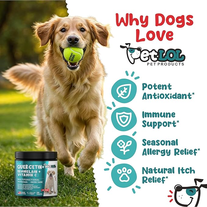 Quercetin for Dogs with Bromelain & Vitamin C - Allergy & Itch Relief, Immune & Inflammatory Support - 120 Chewable Tablets Made in USA