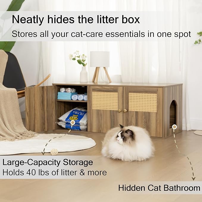 Wooden Cat Litter Box Enclosure with Storage Compartment with Adjustable Divider, Hidden Litter Box Furniture and Hall Table, Cat Box Enclosure, 42.5''L*18.5W*16.9H (Pine, Rattan)