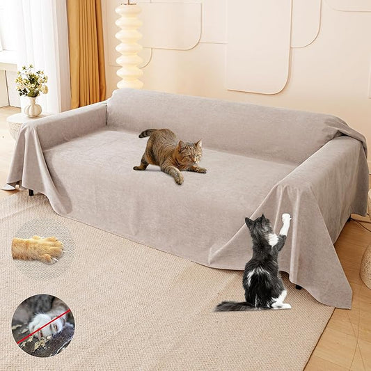 Cat Scratch Furniture Protector - Anti-Slip, Waterproof Sofa Cover to Keep Cats Off, Pet-Friendly Couch Protectors for 3 Cushion Couch, Khaki Anti-Scratch Couch Cover for Pets and Kids 134"X71"