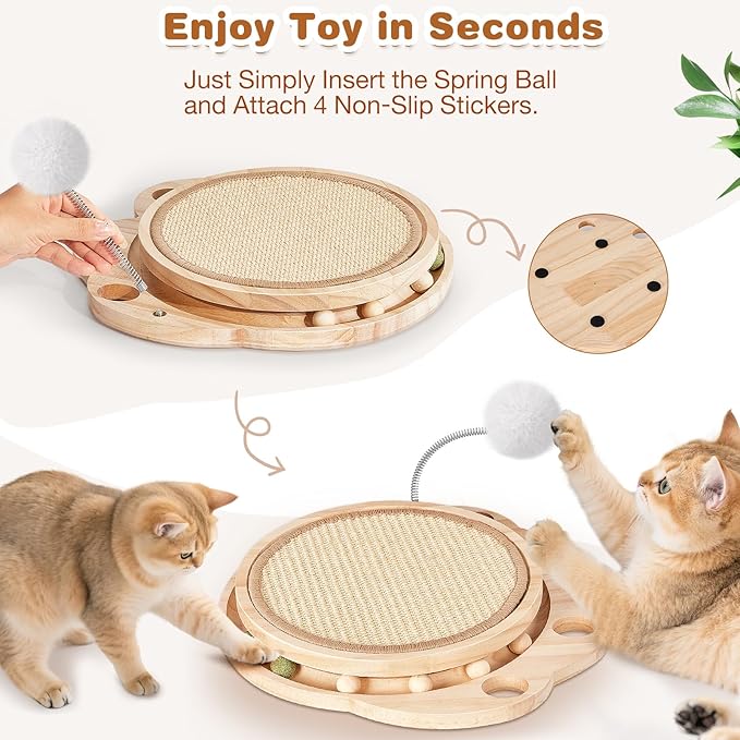 Cat Scratcher for Indoor Cats, Sisal Cat Scratching Pad, 2-Tier Kitten Toys with Wooden Ball Track & Spring Ball -No Assembly Cats Activity Center
