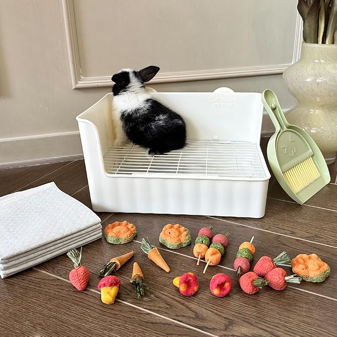 Large Rabbit Litter Box Bunny Potty Training Corner Litter Pan Comes with Liners Rabbit Pee Pads, Small Animal Bedding Toilet for Guinea Pig, Ferret, Hamster, Bunnies (White)