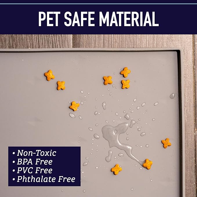 Leash Boss Silicone Pet Food Mat for Dogs & Cats - XL 25 x 17 in, Black - Non-Slip Waterproof Raised Edge Dog & Cat Bowl Mat Dishwasher Safe