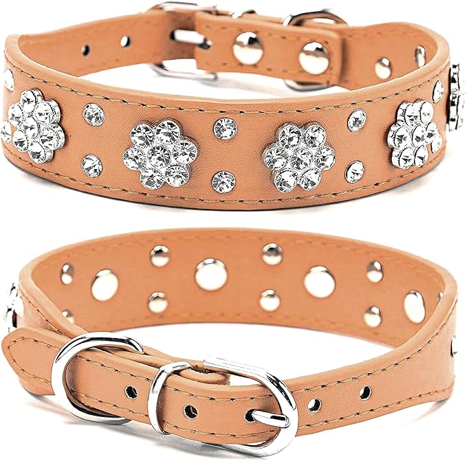 Rhinestone Dog Collar, Cute Flower Rhinestone Cat Dog Collar Bling Collar PU Leather Collar Adjustable Sizes Small Medium Large (XS, Brown)
