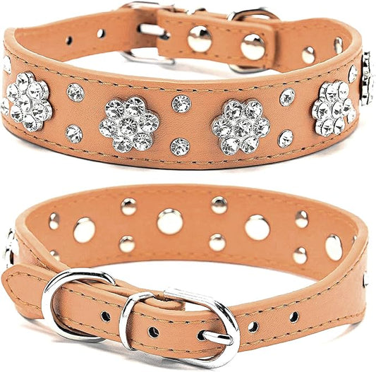 Rhinestone Dog Collar, Cute Flower Rhinestone Cat Dog Collar Bling Collar PU Leather Collar Adjustable Sizes Small Medium Large (XS, Brown)