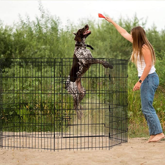 Peekaboo Pet Playpen Dog Fence Foldable Metal Dog Pen Wire Exercise Puppy Play Yard Pet Enclosure Indoor Outdoor 8 Panels 36 Inch with Bottom Pad/Top Cover(Black 36 top Cover)