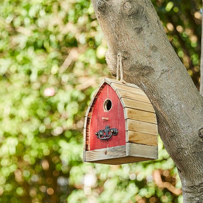 Glitzhome 8.5" H Washed Red Distressed Solid Wood Birdhouse Garden Hanging Bird House for Outdoors