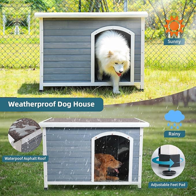 Petsfit Wooden Dog House Extreme Outback Log Cabin Weatherproof Outdoor Pet Kennel, Light Grey, Large/45.6" x 30.9" x 32.1"