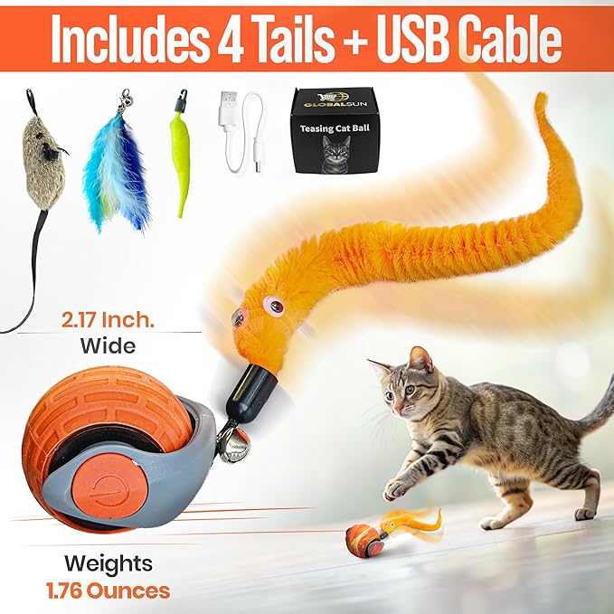 Motion Activated Self-Moving Cat Toys Ball – GlobalSun Speedy Tail 2.0 Automatic Rolling Cat Toy with Mouse & Feather Tails, USB Rechargeable Interactive Cat Toy for Indoor Cats