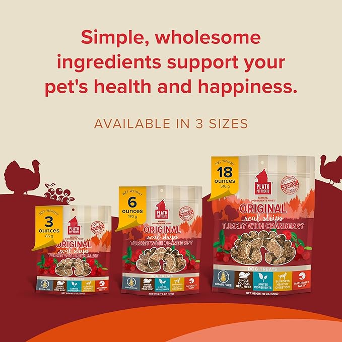PLATO Turkey Real Strips Natural Dog Treats - Real Meat - Air Dried - Made in the USA - Turkey & Cranberry, 3 ounces