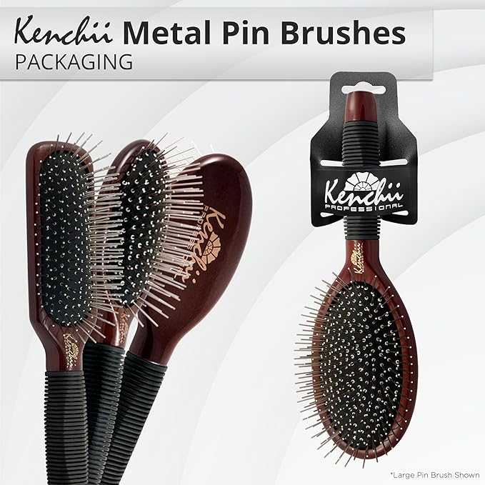 Kenchii Pet Grooming Metal Pin Brush for Dogs and Cats, Solid Wood Handle, Non Slip Grip, Detangling and Shedding Brush for Long or Short Haired Pets, Size Small