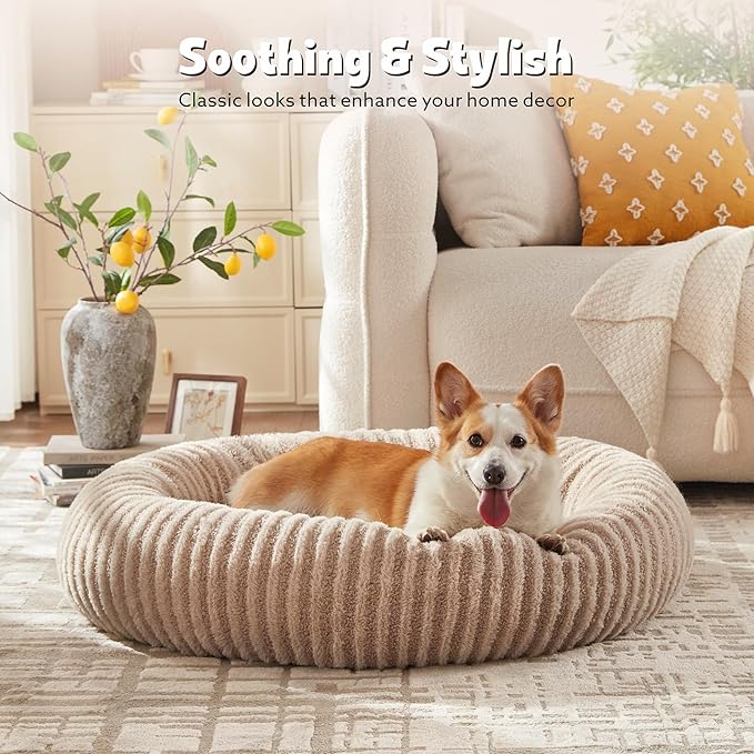 MIXJOY Calming Dog Beds Large Sized Dogs - Washable Donut Large Dog Bed, Round Fluffy Plush Faux Fur Pet Bed with Anti-Slip Bottom, 36"x36"x10", Beige