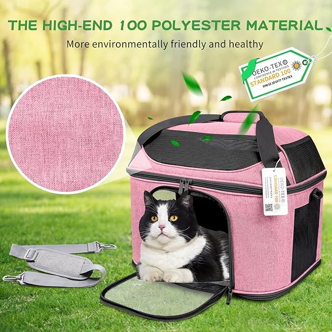 Large Cat Carrier Pet Carrier, Oeko-TEX Certified Soft Side Pet Carrier for Cat, Small Dog, Collapsible Travel Small Dog Carrier, TSA Airline Approved Cat Carrier for Cats 20 lb,Pink